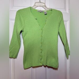 Pria SMALL Cable Knit Sweater Cardigan Lime Green Button Up Vintage NWOT